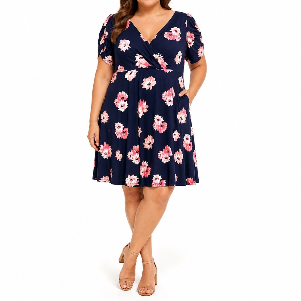 Tommy Hilfiger Navy Floral Fit & Flare Dress Size 16 V-Neck Short Sleeve
